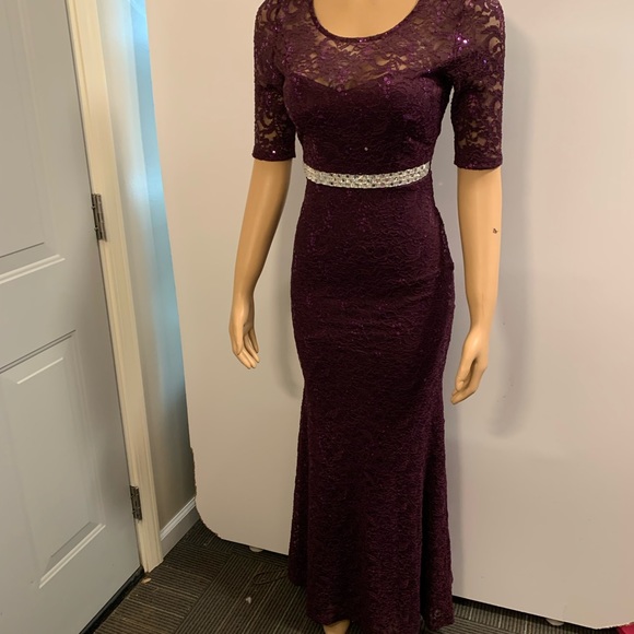 Women junior prom purple lace sequins bodycon mermaid maxi dress size (S) - Picture 6 of 14